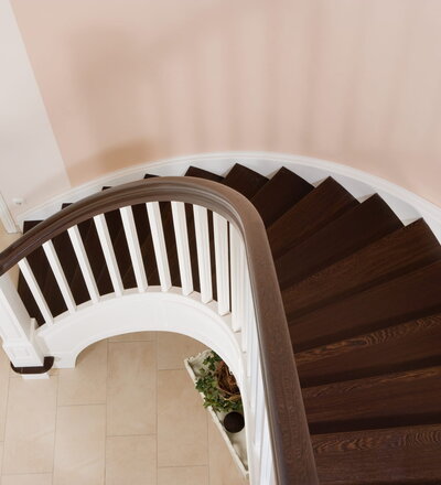 Bogentreppe mit Stufen und Handlauf in der Holzart Wenge, weiß endbehandelte Wangen und Stäbe, profilierter Antrittspfosten